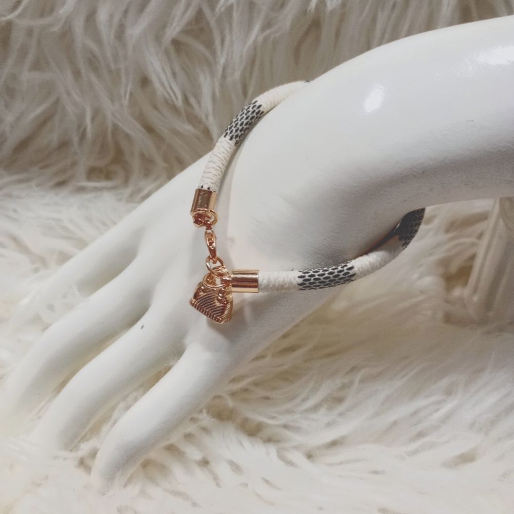 Gray White Stripe Faux Leather Bracelet Gold Bag Charm